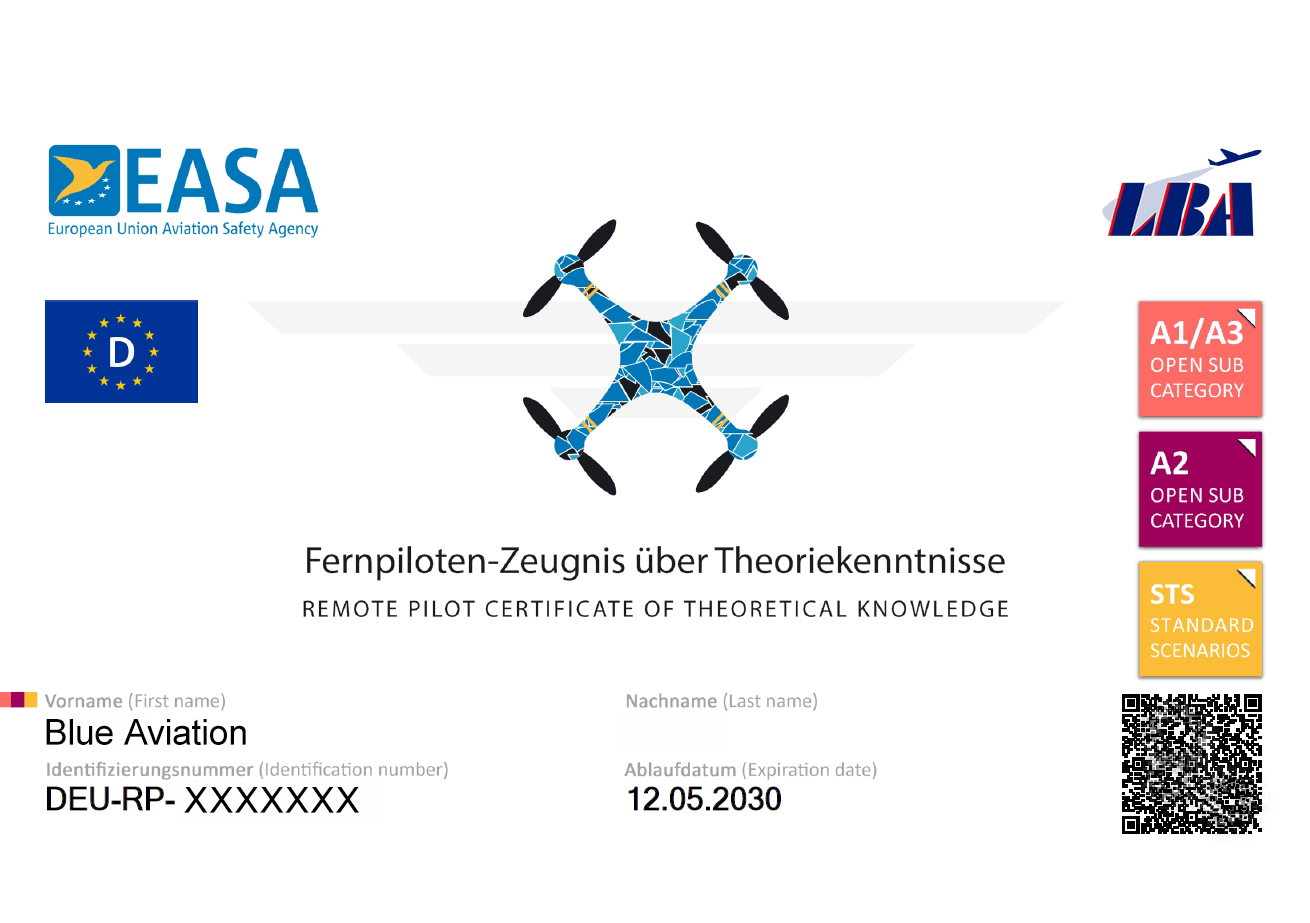 Fernpiloten-Zeugnis über Theoriekenntnisse mit A1/A3-, A2- und STS-Kategorie
