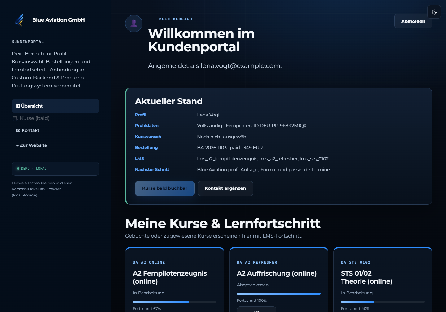 Kundenportal-Ansicht: gebuchte Kurse mit Lernfortschritt in Prozent, Bestellübersicht und Profilstatus